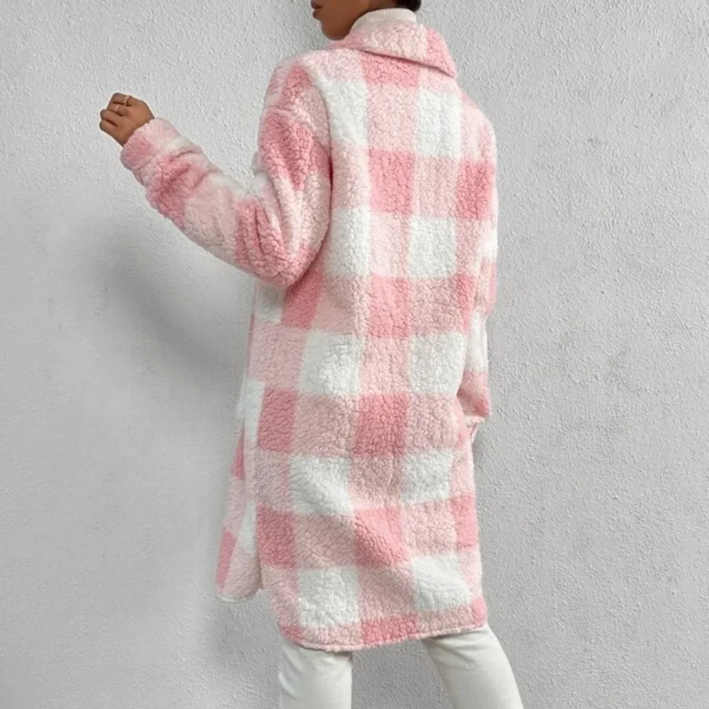 PLUS or REG SIZE Buffalo Plaid Flap Pocket cozy comfy Teddy Coat Shacket Pink